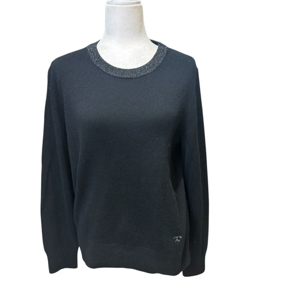 Tory Burch Black Cashmere Crew Neck Sweater Silver Metallic Accents